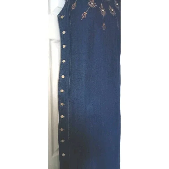 Vintage Molato Denim Maxi Dress Size Large Sleeveless Jean Embroidered Jeweled - Picture 8 of 11